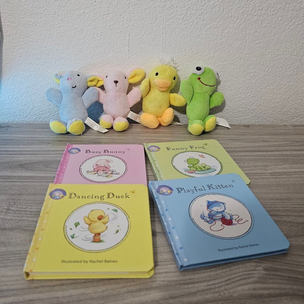 SpiceBox Precious Pals 4 Small Plush and 4 Children's Books Baby Leaning Pastel